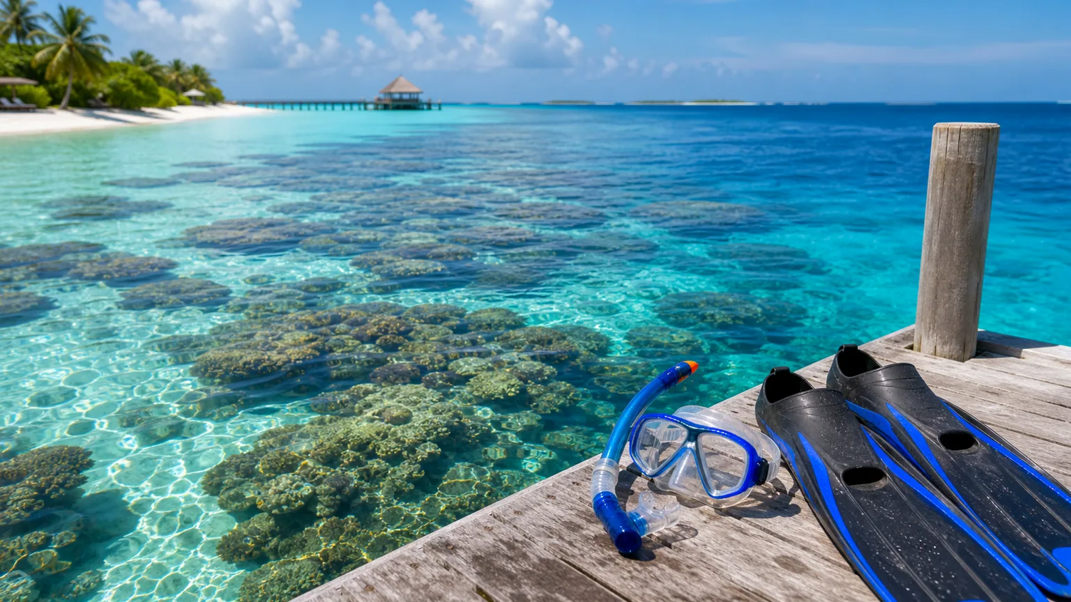 Vista aérea de ilha resort com reef visível nas Maldivas