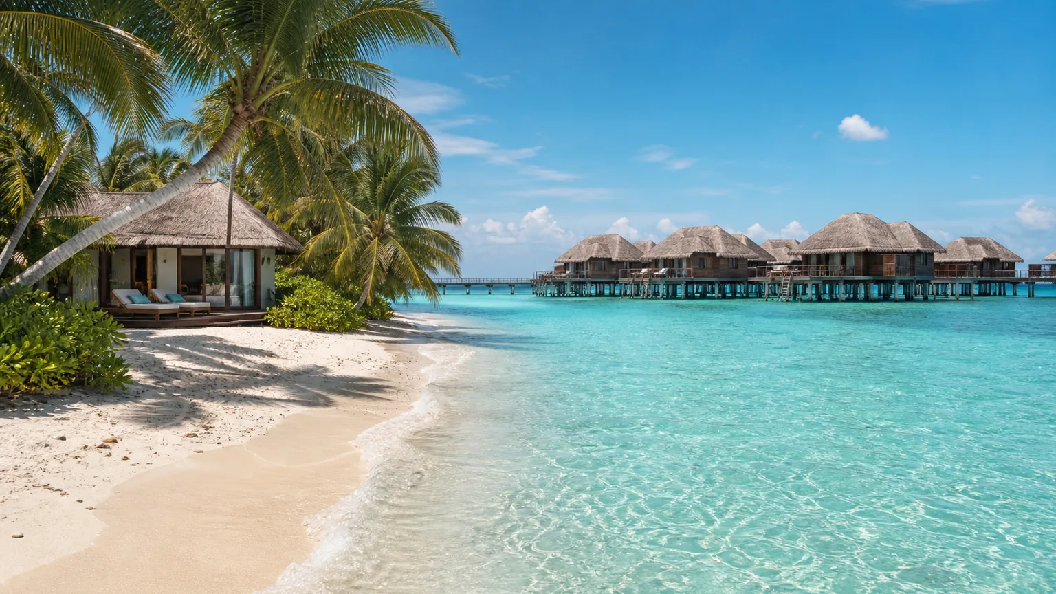 Lagoon turquesa com praia e barco nas Maldivas